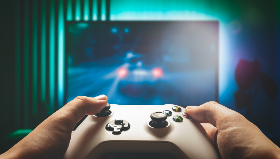 Hands gripping a game controller, a repetitive thumb movement that can strain the tendons at the base of the thumb.