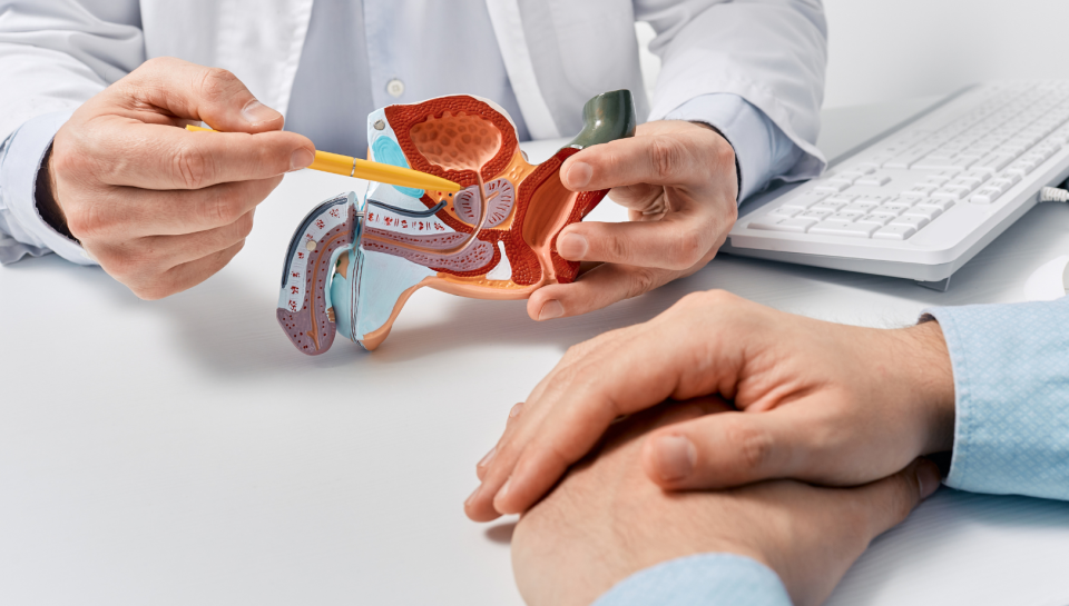 Urologist using a prostate anatomy model to explain a prostate biopsy to a male patient during a consultation